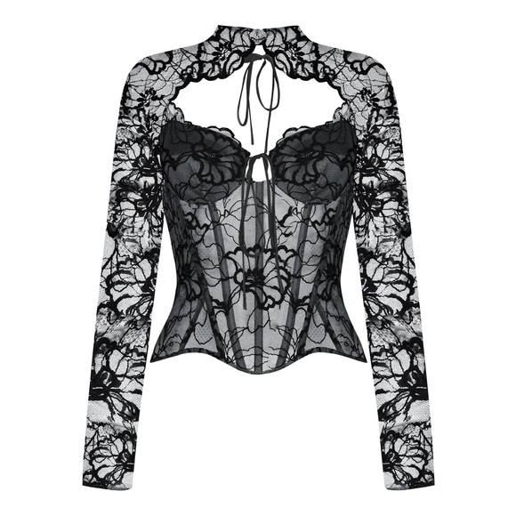 rozie corsets Tops - Black Lace Long-Sleeve Corset Top